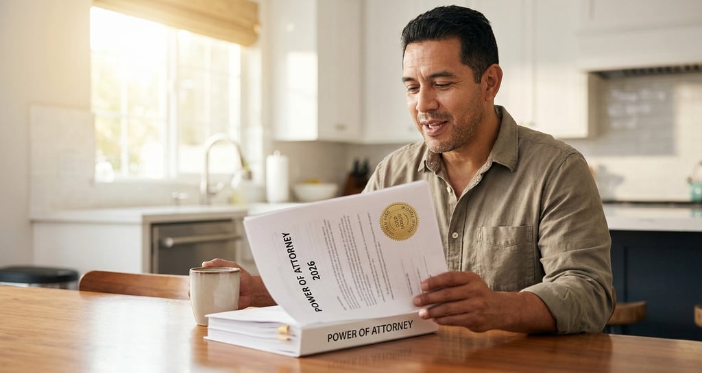 Hombre hispano de mediana edad en casa, sintiéndose seguro con su documento.