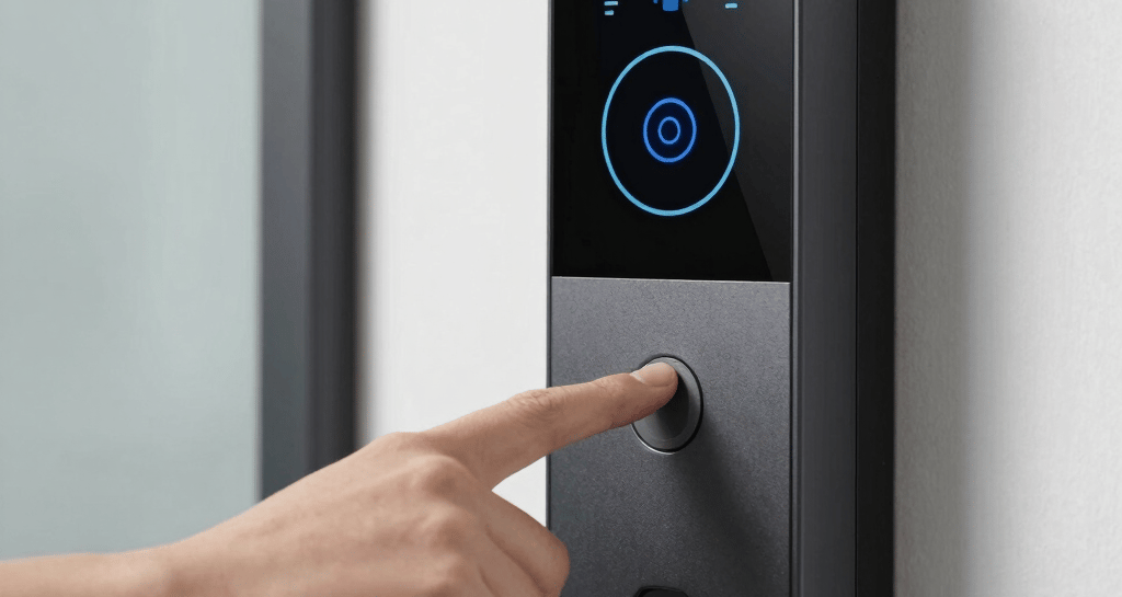 Close-up of a modern access control panel installed on a sleek office door.