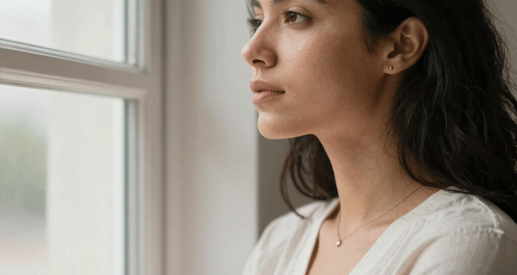 A serene mother gently cradling her newborn in a softly lit natural setting with earthy tones.