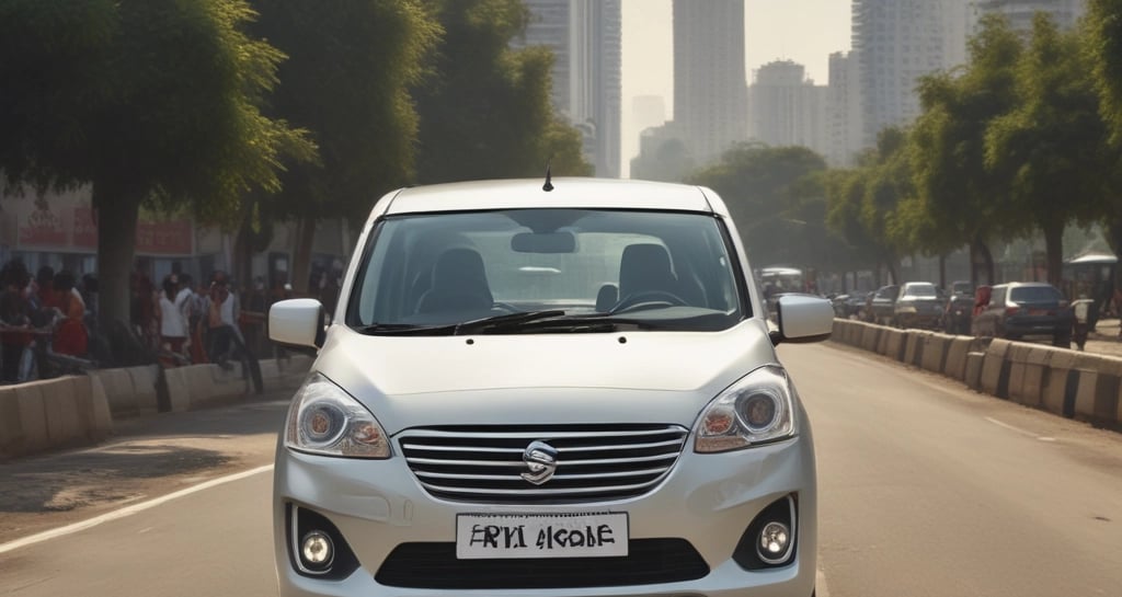 A shiny white Toyota Innova parked outside a corporate office building in Delhi.