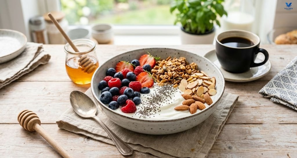 Healthy high-protein breakfast bowl with Greek yogurt, fresh berries, almonds, chia seeds, and grano
