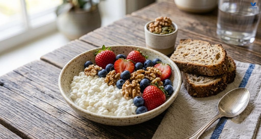Cottage cheese served with fresh berries and walnuts as a high-protein breakfast.