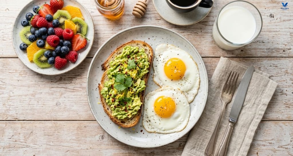 Balanced breakfast of fresh fruit, milk, eggs and avocado toast.