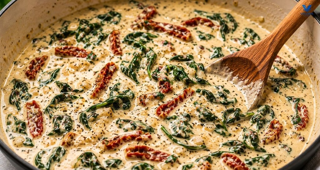 Creamy garlic Parmesan sauce with spinach and sun-dried tomatoes.