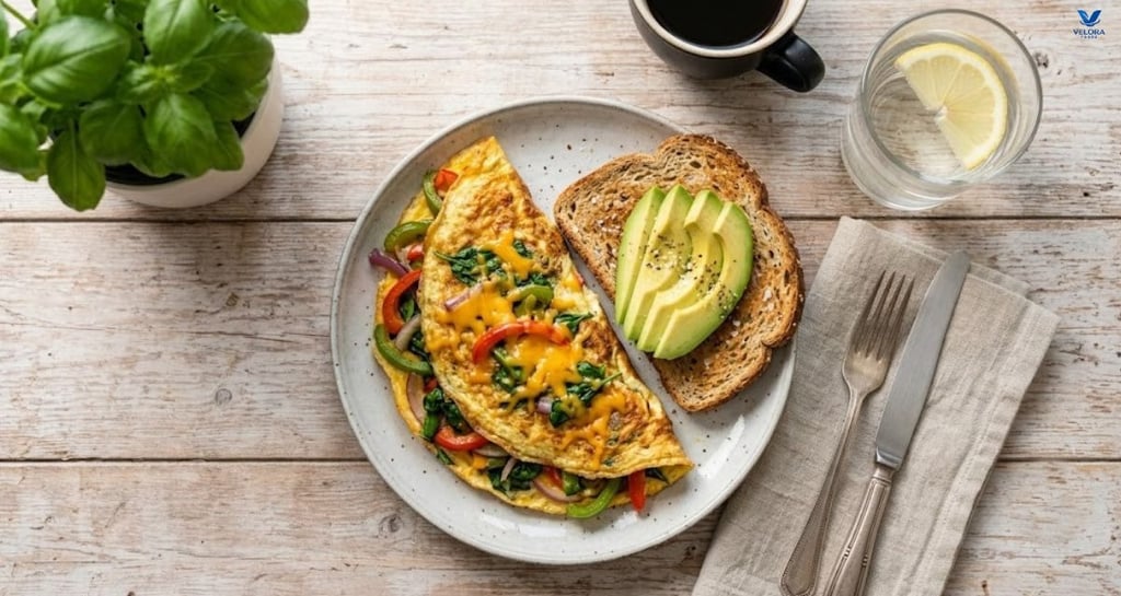 Healthful breakfast of a high-protein vegetable omelet and avocado on whole-grain toast.