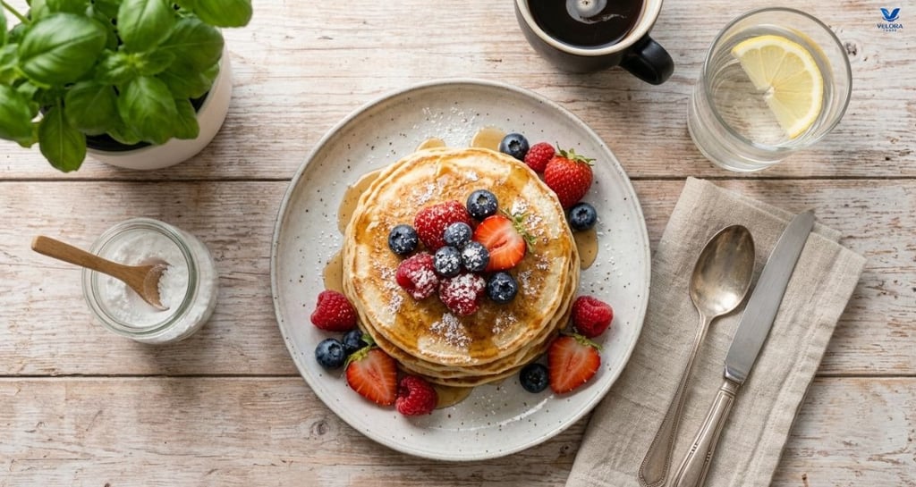 Fluffy high protein pancakes with fresh berries for a healthy American Breakfast.