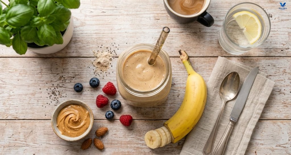 Peanut butter banana protein smoothie full of protein for a healthy quick breakfast.