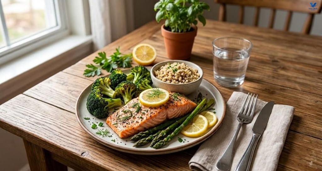 Healthy dinner featuring baked salmon with roasted broccoli, asparagus, quinoa, lemon slices