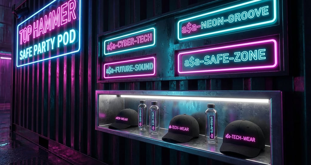 a$a‑branded merchandise and signage displayed outside the Top Hammer Safe Party Pod.
