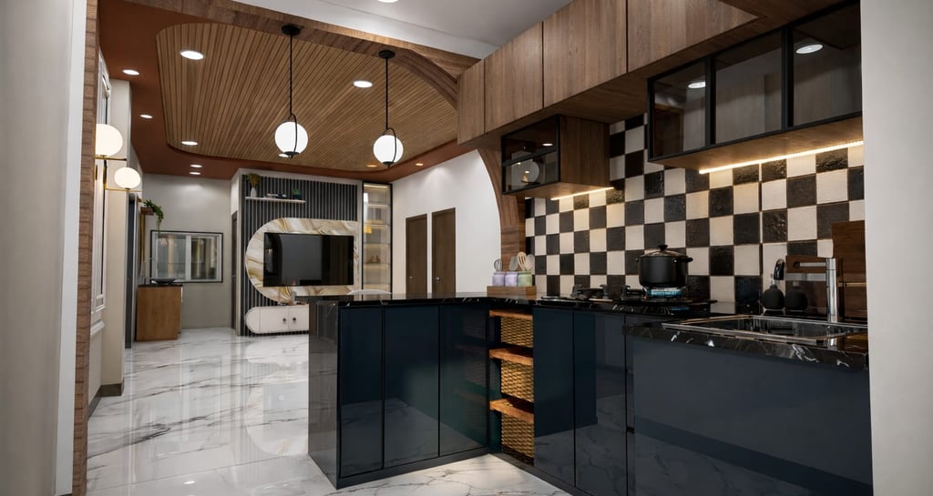 Modern kitchen interior featuring navy blue cabinets, checkered backsplash, and marble floors with a view of the living room.