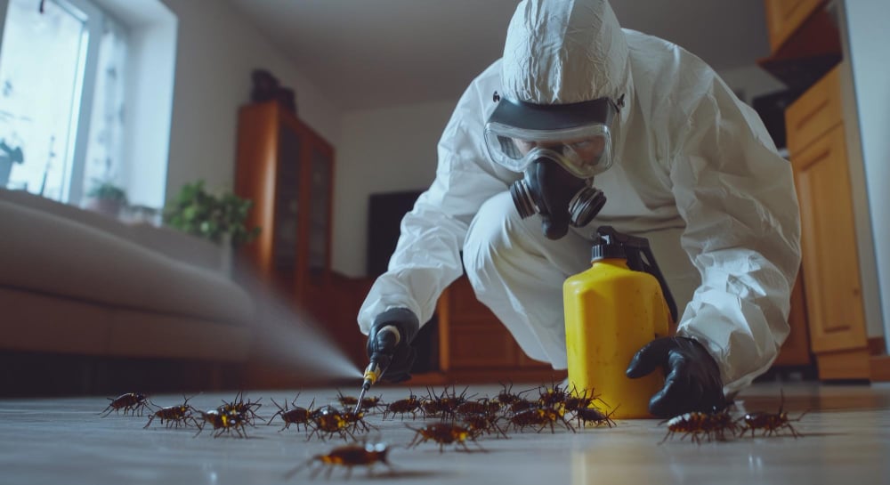 pest control technician spraying treatment