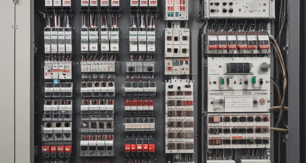 Technician testing electrical wiring inside an office building.