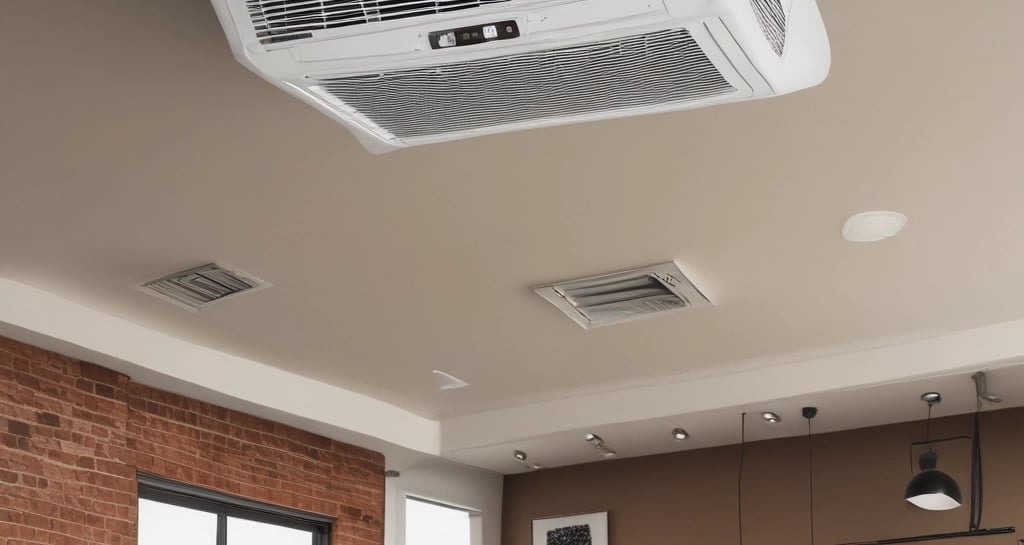 Technician installing industrial air conditioning unit in a commercial building.