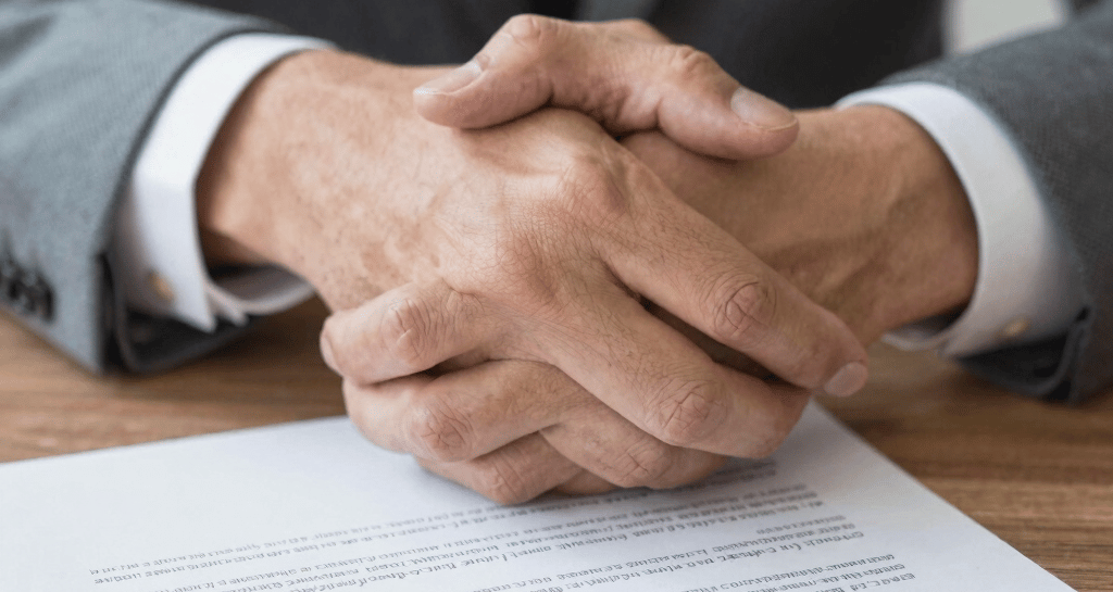 A close-up of hands shaking over a property contract, symbolizing fast, fee-free sales.