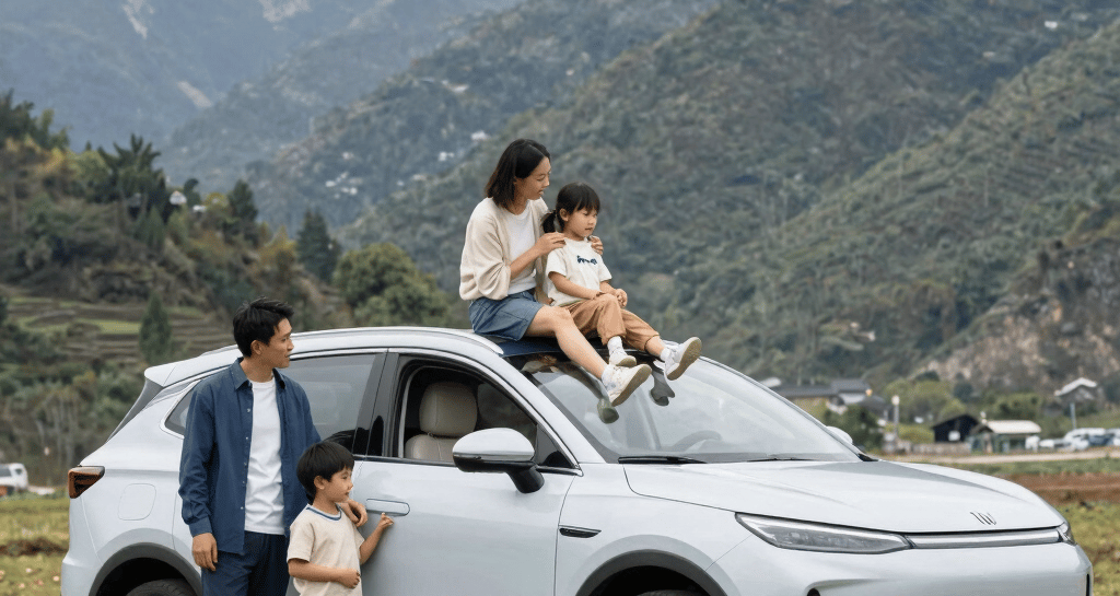 A happy family posing next to a comfortable compact MPV from Nusantara Rent.