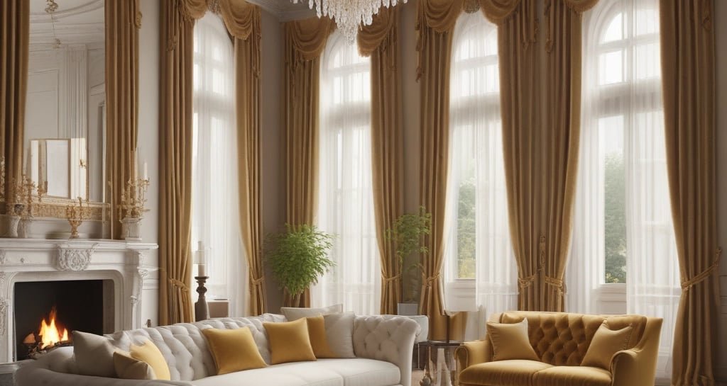 A minimalist interior design features a wooden table with a dark placemat, a glass vase holding green pine branches, a tall glass candle holder without a candle, and two modern overhead pendant lights. The background includes a dim, softly lit room with a blue curtain covering a window.