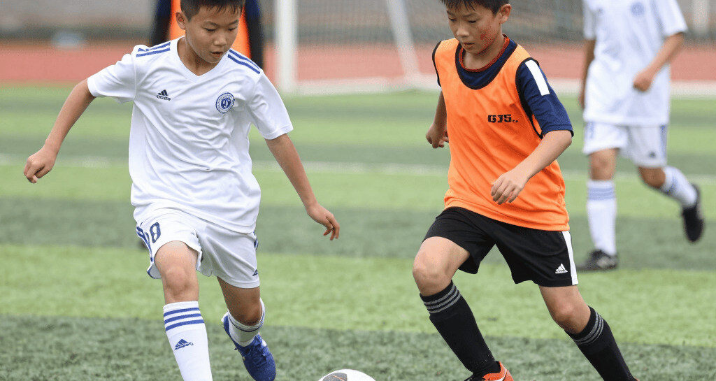 A group of young people, some dressed in sports uniforms, are gathered together. The scene appears to be at a sports event, possibly a soccer match, with several individuals wearing shirts labeled 'Barça Academy.' One person in a bright orange top stands out, engaging in conversation with another in a bright red and yellow outfit. Referees in green uniforms are also present in the background.