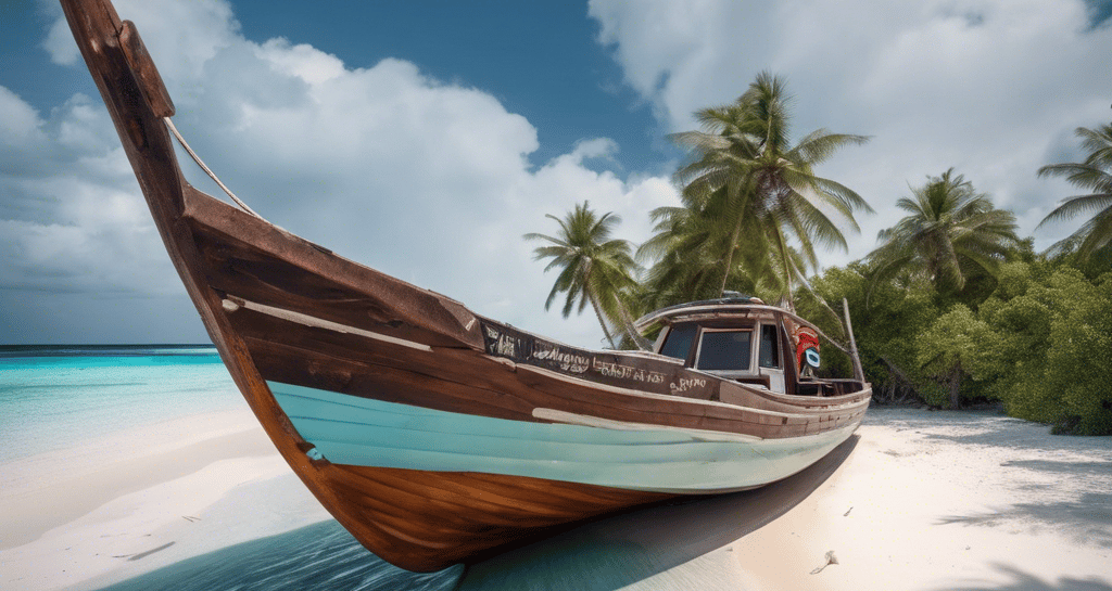 Several wooden boats are anchored near the shore in clear turquoise waters, with a sandy beach in the foreground. On the largest boat, the words 'East Africa Diving' are visible. A couple of people are sitting on the beach, enjoying the serene view of the ocean. The sky is clear with a slightly overcast hue.