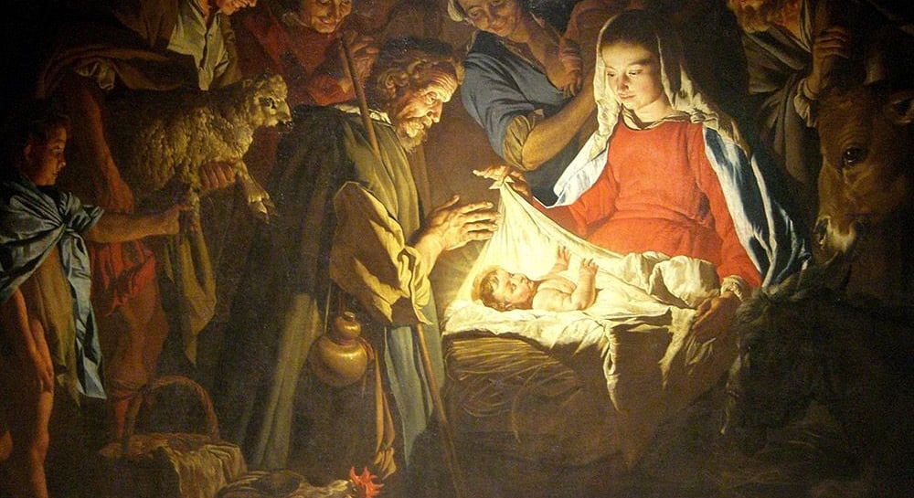 a painting of a nativity scene with Baby Jesus