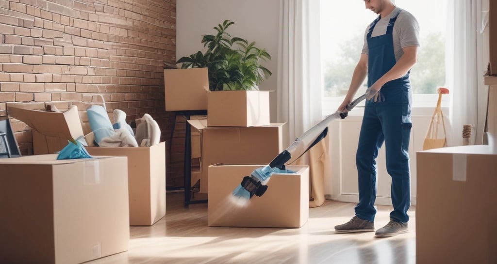 Two workers in protective gear are cleaning the large glass windows of a modern building. They are suspended mid-air by ropes and harnesses, equipped with cleaning tools.