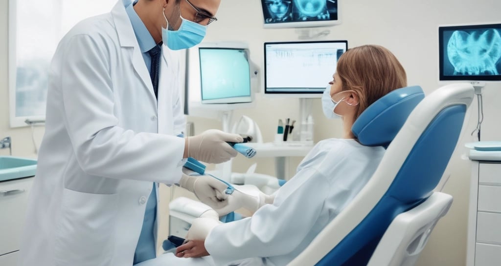A dentist and a patient are in a dental office. The dentist, wearing scrubs, is pointing at a laptop on a mobile dental unit. The patient, seated in the dental chair, is looking at the screen with a smile. The room contains dental equipment and art featuring teeth on the wall.