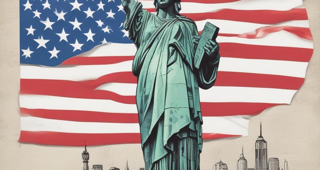 a statue of liberty in front of a flag