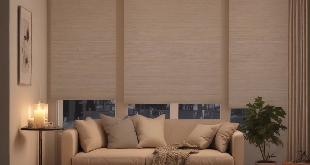 A beautiful display of roller blinds in various colors.
