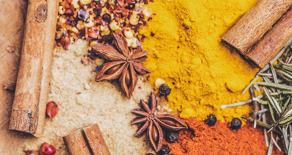 Aromatic Spices: A vibrant collection of culinary spices, including cinnamon sticks, star anise, pep