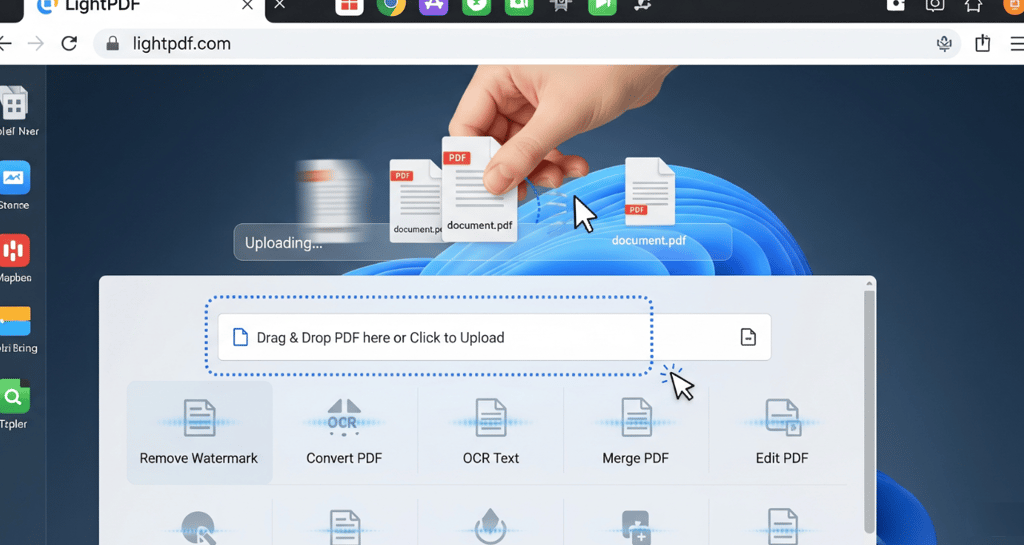 A user drags and drops a PDF file into the clean LightPDF browser interface.