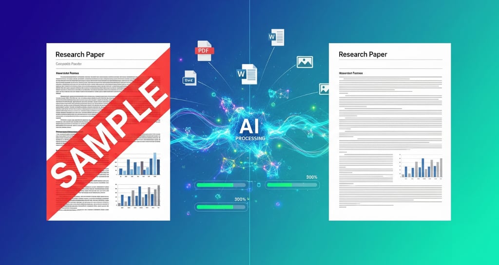 A split-screen showing an AI processes and removes a document watermark in a visual graphic.