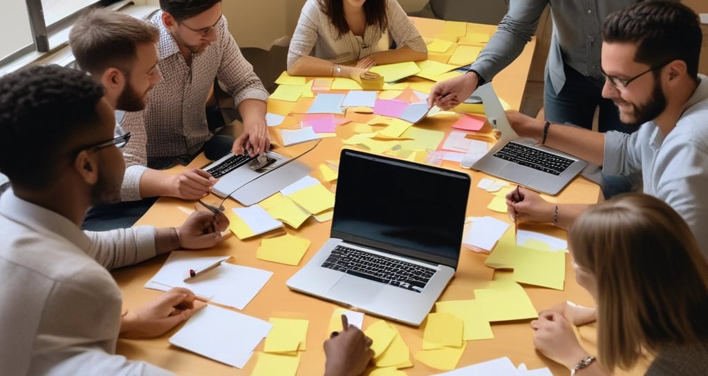 A team brainstorming session with sticky notes and laptops, capturing the energy behind tessami’s consulting.