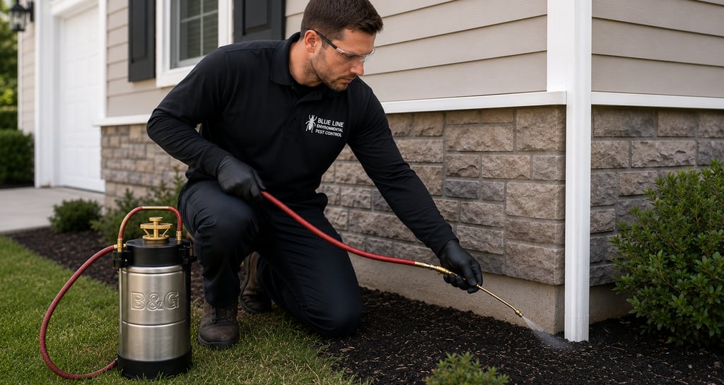 Professional pest control technician spraying insecticide around a residential home foundation.