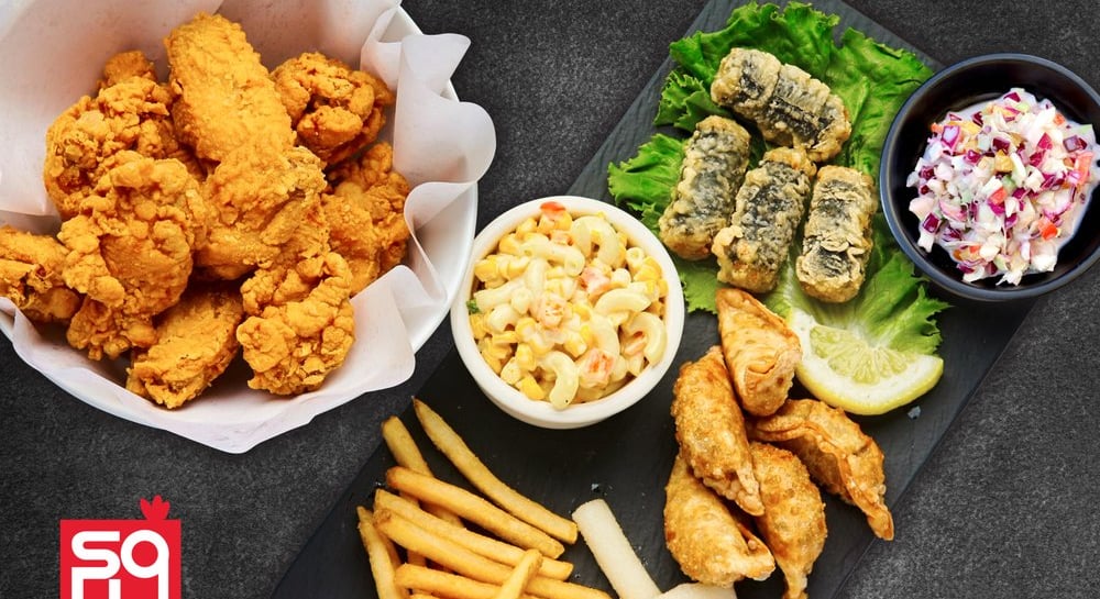 Fried chicken with Sides, French fries, Corn and Mac, coslaw, Mandoo