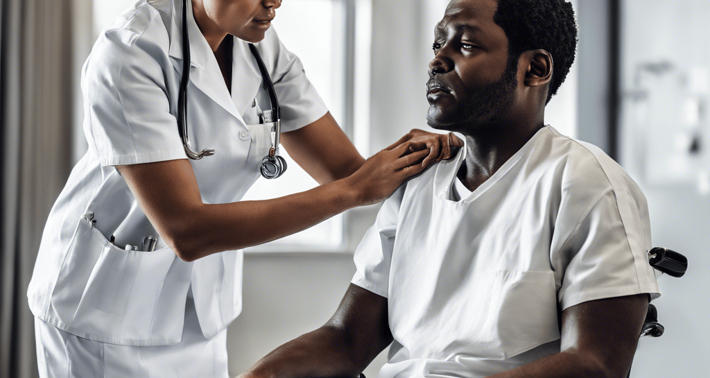 A healthcare professional wearing a white coat and gloves is attending to a man who is seated in a recliner chair. An intravenous drip is visible, indicating that the man might be receiving a medical treatment. The man is wearing a colorful tie-dye t-shirt featuring a graphic and a cap. The setting appears to be a clinical environment with minimal decor and medical equipment.