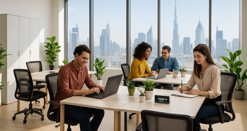 Bright modern Dubai startup office interior featuring affordable, stylish office furniture