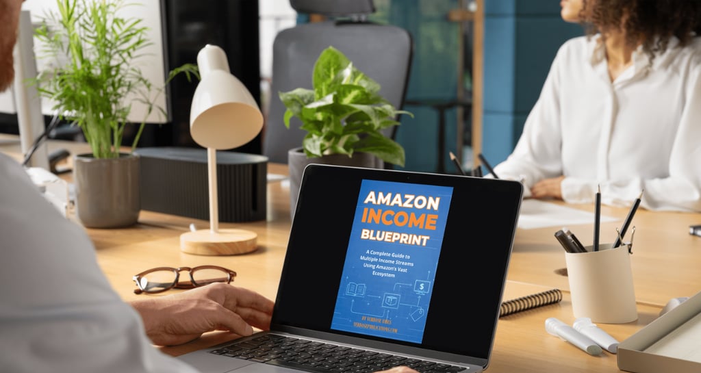 Amazon Income Blueprint book displayed on a laptop, showing how to build multiple Amazon income stre