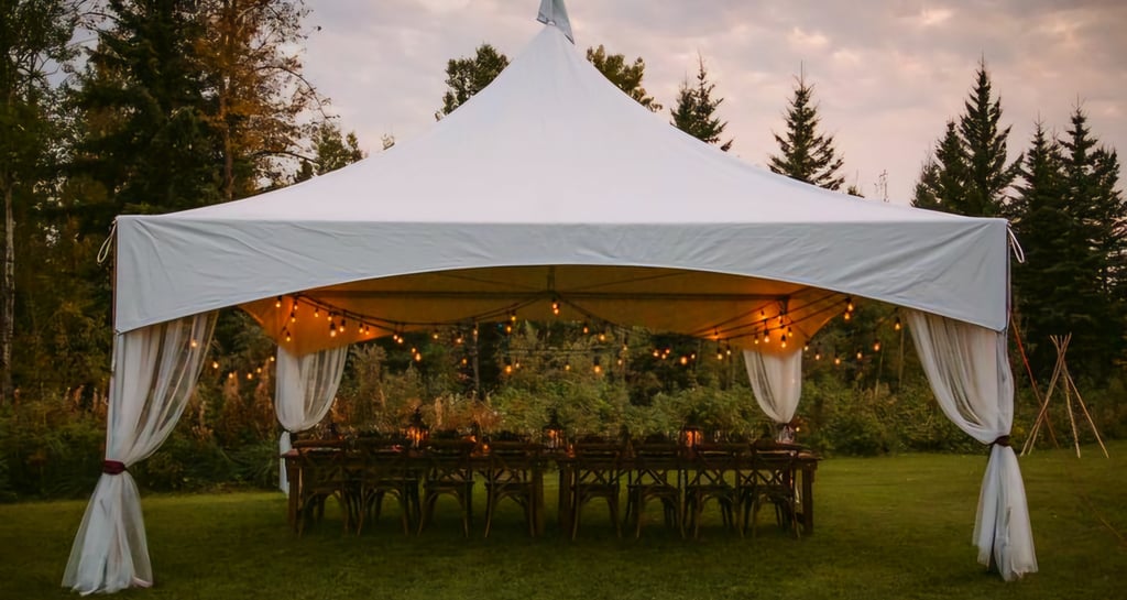 Carpa 20x20 en el patio de una casa, adornada con luces, sillas, mesas