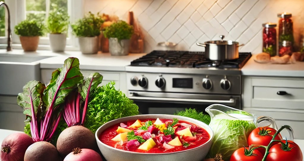 Bowl of vibrant Russian Borscht with potatoes, beets, and fresh herbs surrounded by vegetables.