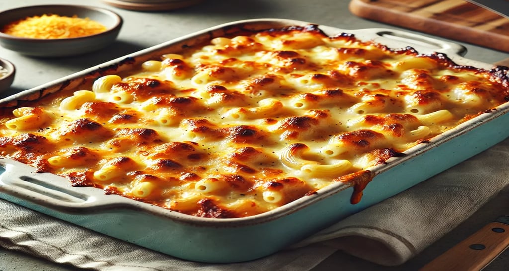 Golden brown bubbling dish of Canadian inspired Mac and Cheese