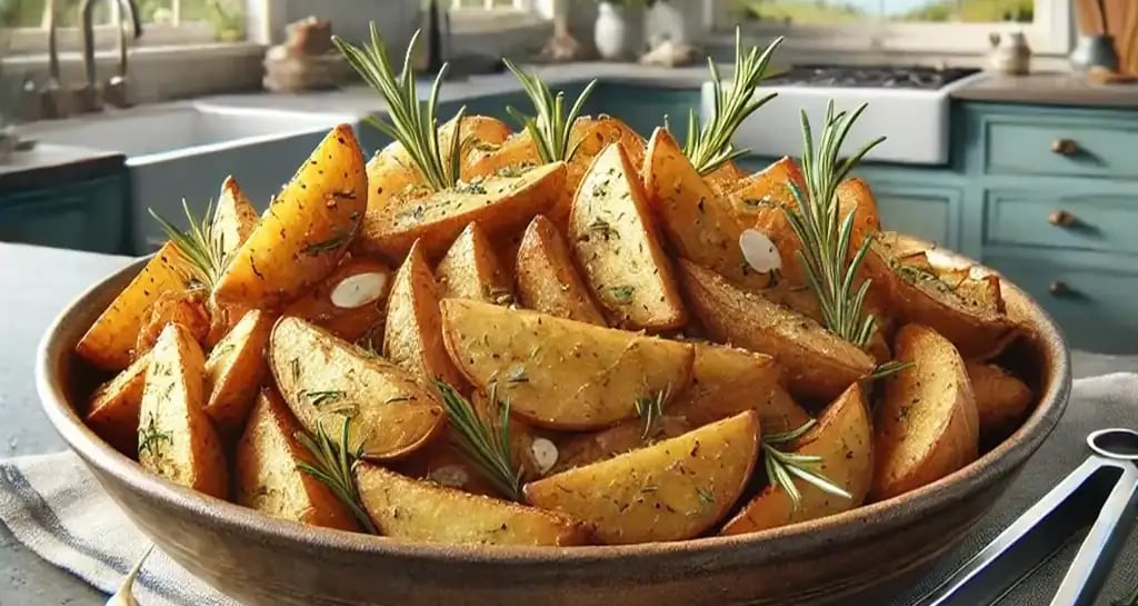 Golden oven-roasted potatoes with crispy edges, seasonded with herbs.