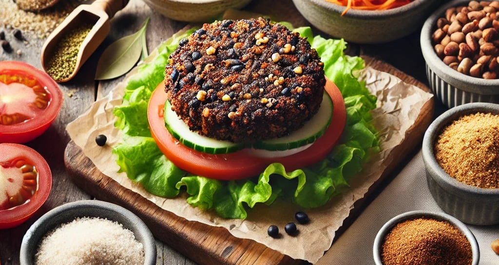 Veggie Burger is black beans, oats, nuts, and fresh vegetables in just the rig