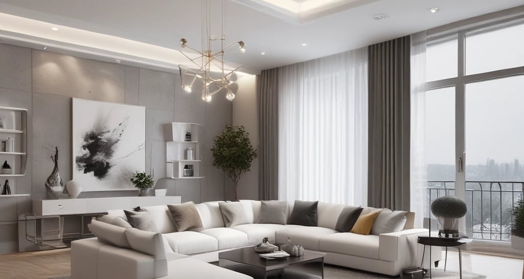 A beautifully styled living room with neutral tones and modern furniture.