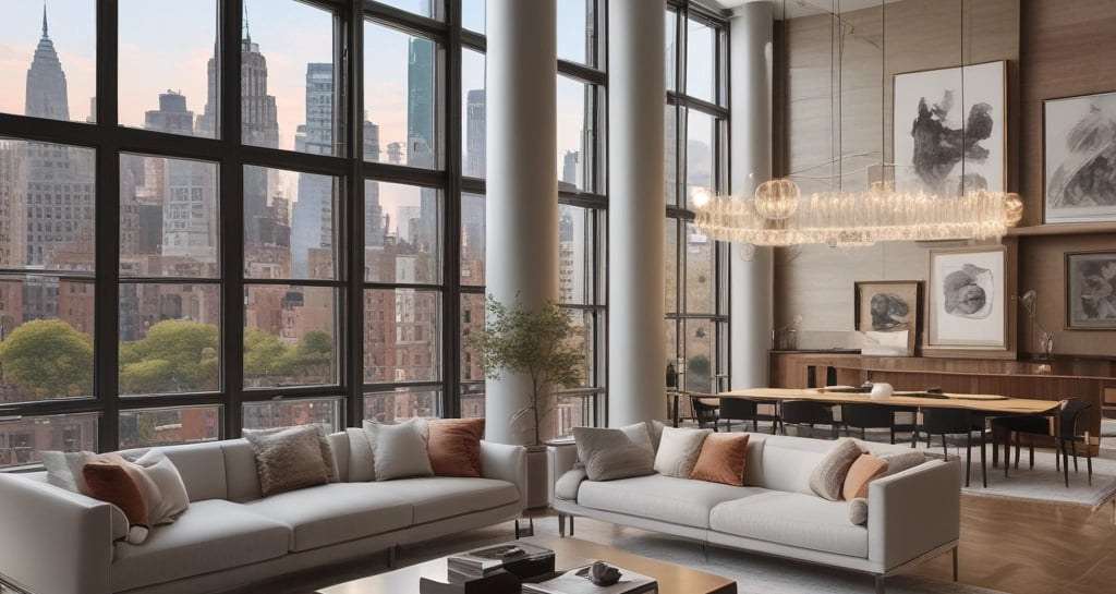 An upscale New York City apartment highlighting large windows and open spaces.