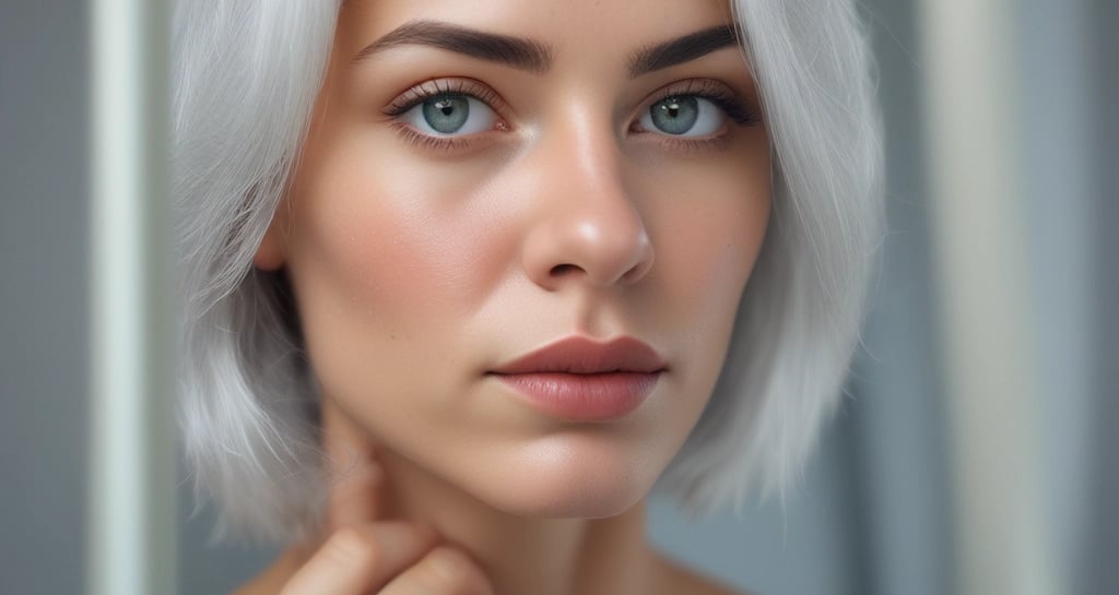 A person with long, wavy hair gazes into a mirror with an expression of contemplation. They are wearing a white top and a sparkling necklace, and have intricately designed nails adorned with rings. The setting appears serene with a soft color palette.