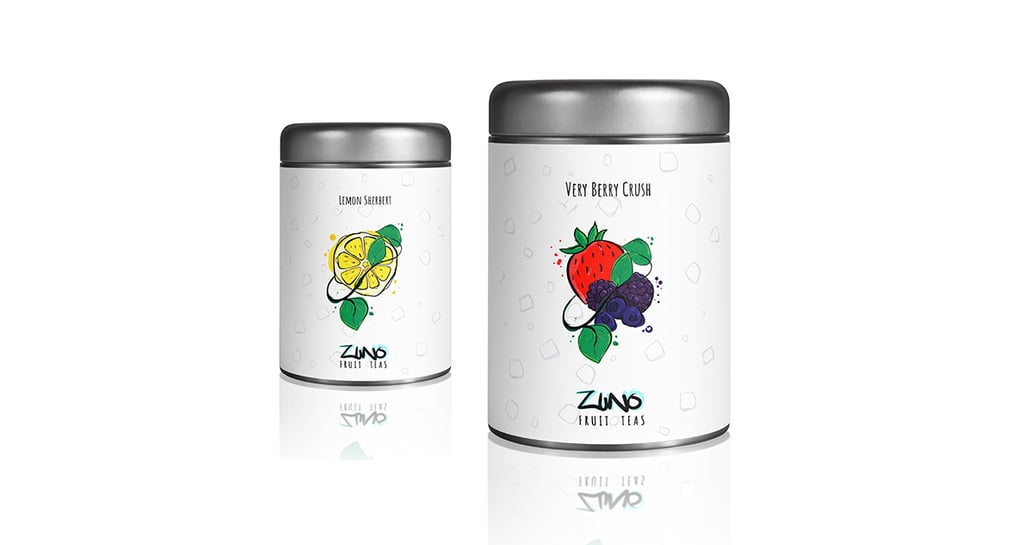 Mockup of 2 Zuno fruit teas tin canister