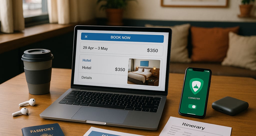 Flat lay of a traveler's laptop showing a booking site, with a smartphone, passport, and travel gear arranged on a table—high