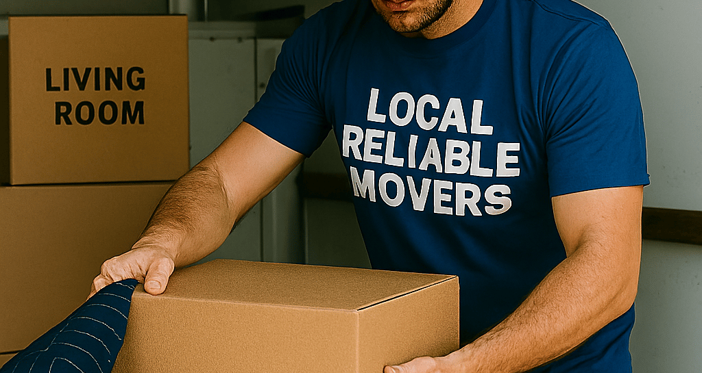 a man in a blue shirt is moving boxes