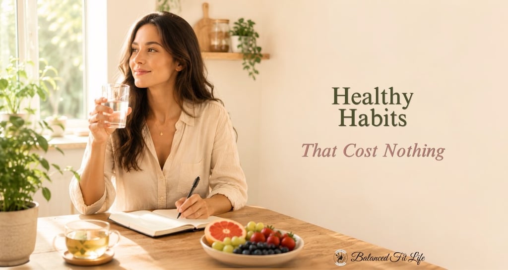 Woman drinking water and journaling in a bright kitchen for an article about healthy habits 