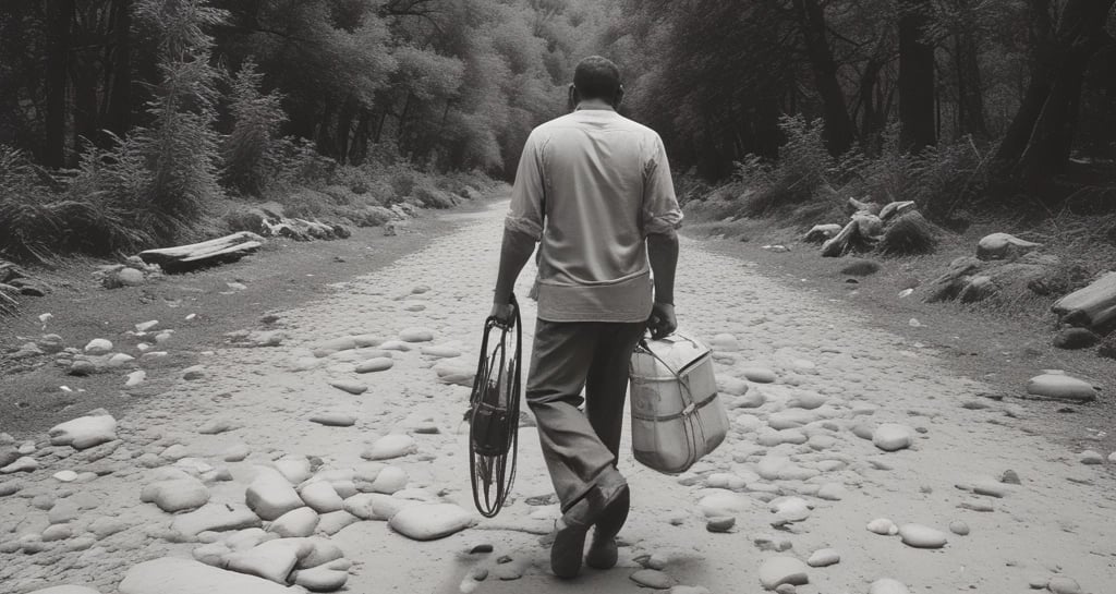 A close-up shot of a bicycle with a cardboard sign attached to the back. The sign has a handwritten message that reads: 'Holes in our spirit cause in tears + fears one-sided stories, for years. Take the power.' The legs of a person in shorts are visible in the background.