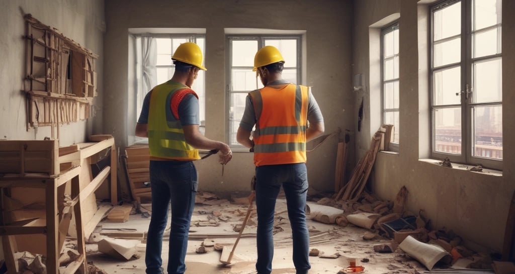 People are working on the interior renovation of a room that appears to be under construction. A worker on a scaffold is painting the ceiling, while others are seated or discussing the progress. The room has smooth, gray walls with arched recesses and a modern design vibe. There are tools and materials scattered around, including a ladder, paint cans, and some rocks or construction debris on the floor. Overhead, stylish pendant lights provide illumination as natural light streams in from windows.